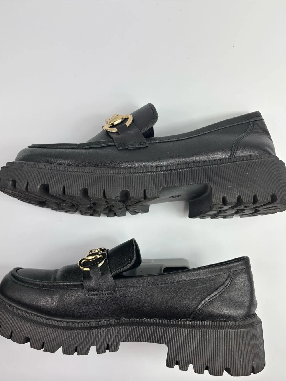 Chunky Black Faux Leather Loafers Flats Gold Metal Buckle US 9 EU 40